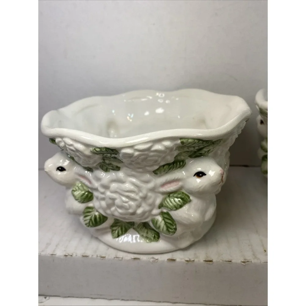 Vintage Caffco Easter Rabbit Planter with White Roses and Green Leaves ~Set Of 2